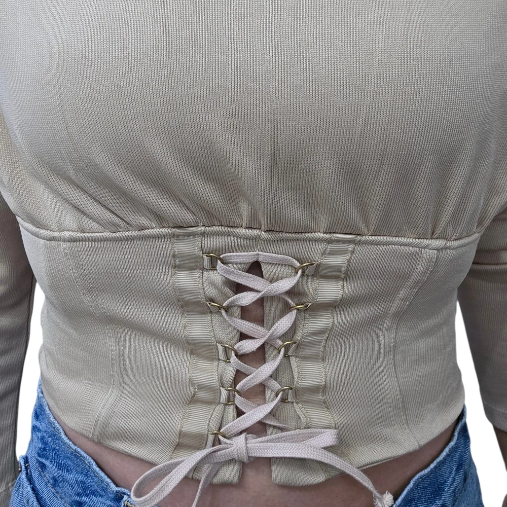 Zara W&B Lace Up Corset Top Long Sleeve Beige S